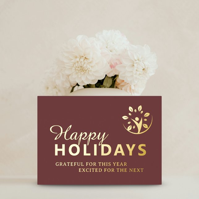 Happy holidays with logo business taupe gold foil (Happy holidays with logo business taupe gold foil foil holiday card)