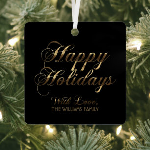 Happy Holidays With Love Add Name Black and Gold Metal Tree Decoration