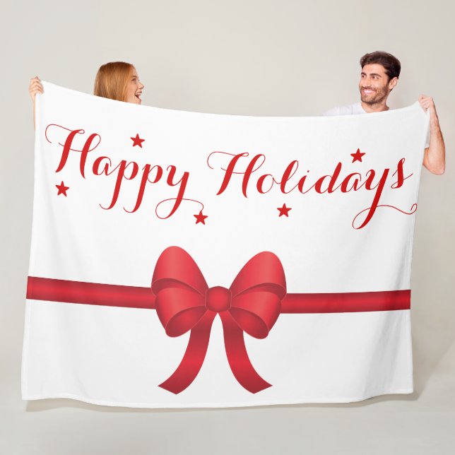 Happy Holidays With Red Bow And Stars Christmas Fleece Blanket (In Situ)