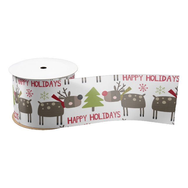 Happy Holidays With Reindeer and Snowflakes  Satin Ribbon (Spool)