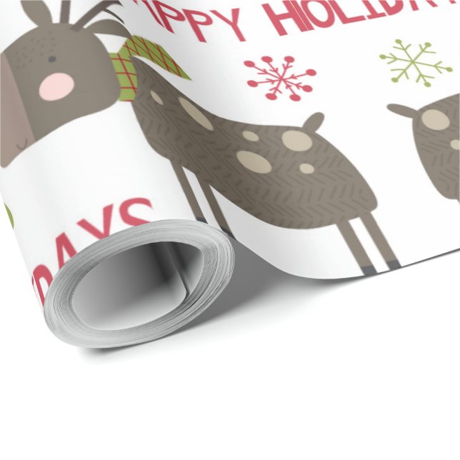Happy Holidays With Reindeer and Snowflakes  Wrapping Paper (Roll Corner)