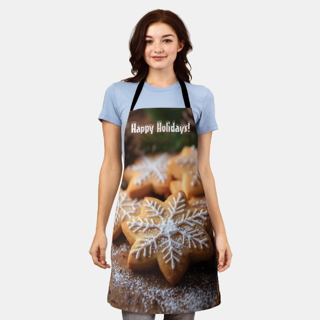 Happy Holidays with Snowflake-Shaped Cookies Apron (Worn)