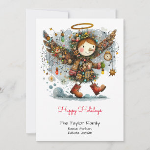 Happy Holidays with Whimsical Angel Red Holiday Card