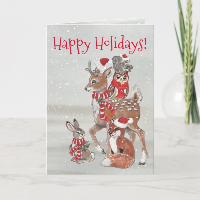Happy Holidays Woodland Animals Custom Christmas Holiday Card (Front)