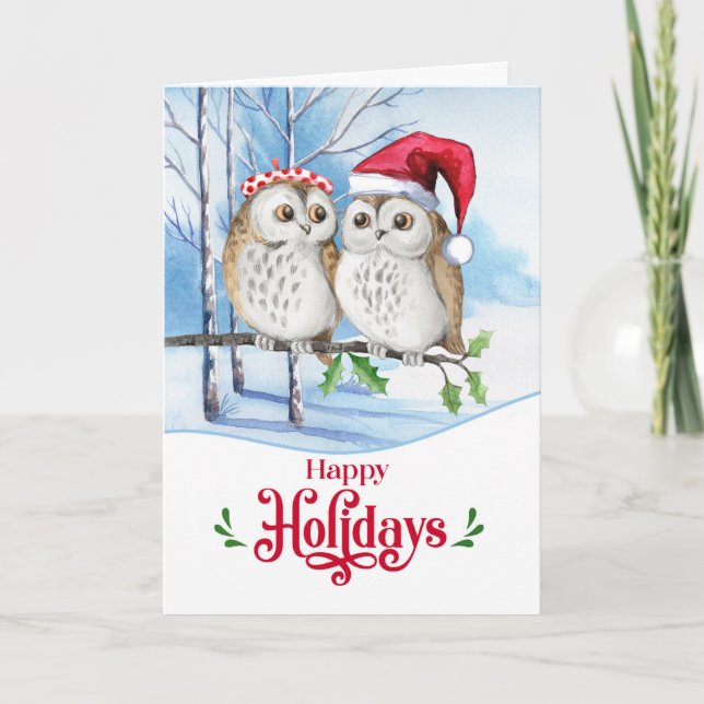 Happy Holidays Woodland Owl Couple Holiday Card (Front)