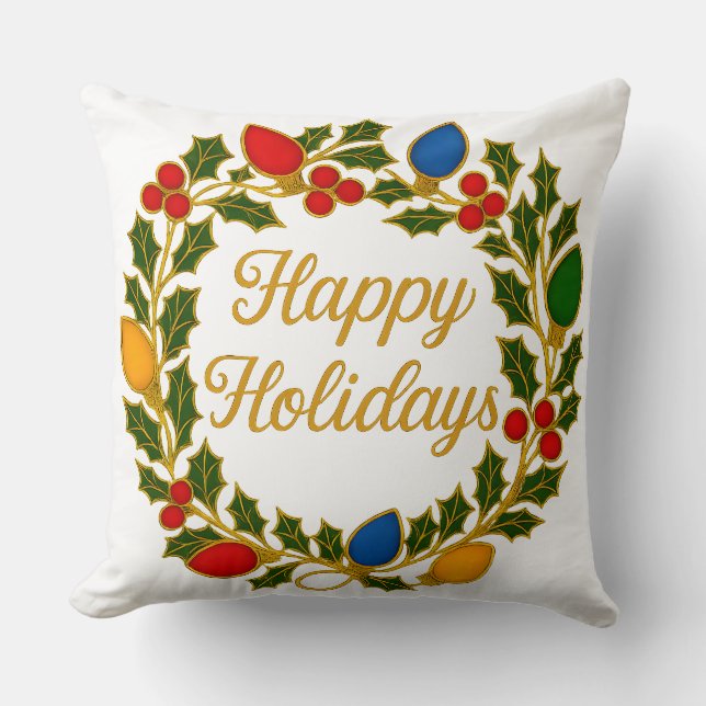 Happy Holidays Wreath Christmas Lights and Holly Cushion (Front)