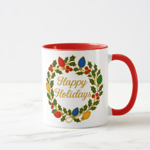 Happy Holidays Wreath Christmas Lights and Holly Mug
