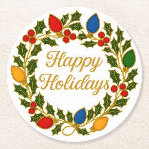 Happy Holidays Wreath Christmas Lights and Holly Round Paper Coaster