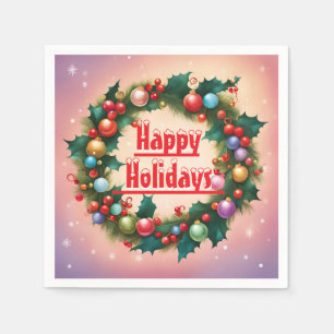 Happy Holidays Wreath Colourful Christmas Snow Napkin