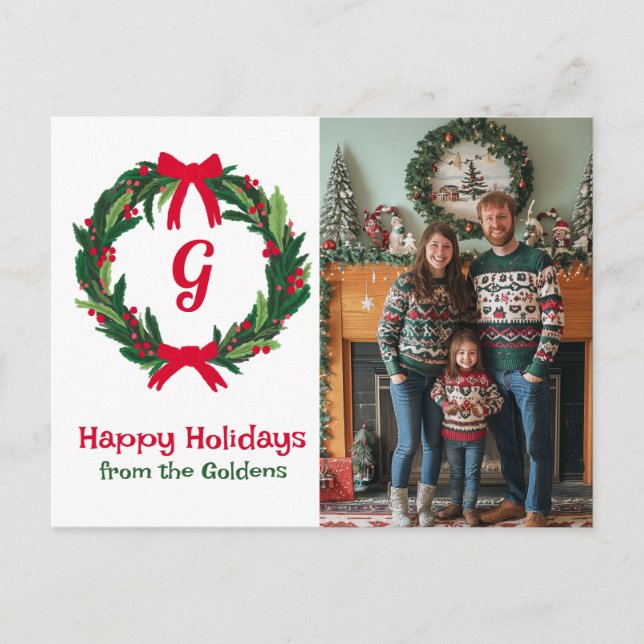 Happy Holidays Wreath CUSTOM PHOTO Christmas Holiday Postcard (Front)