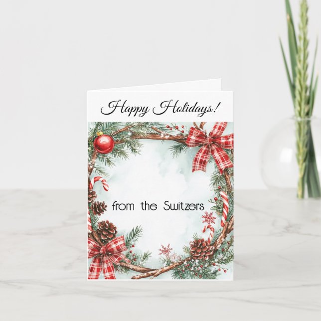 Happy Holidays Wreath Evergreen Pine Cones, Bows  Card (Front)