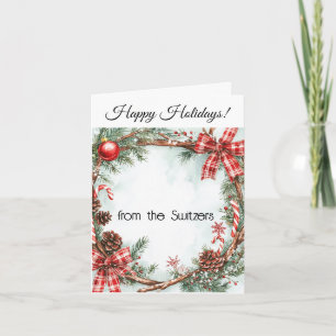 Happy Holidays Wreath Evergreen Pine Cones, Bows Card