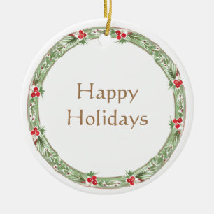 Happy Holidays Wreath Greenery Berries Business Ceramic Tree Decoration