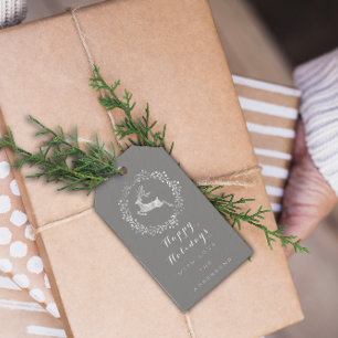 Happy Holidays Wreath Joy Grey Grey White Deer Gift Tags