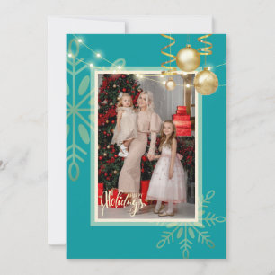 Happy holidays Xmas gold, ornaments, photo   Thank You Card