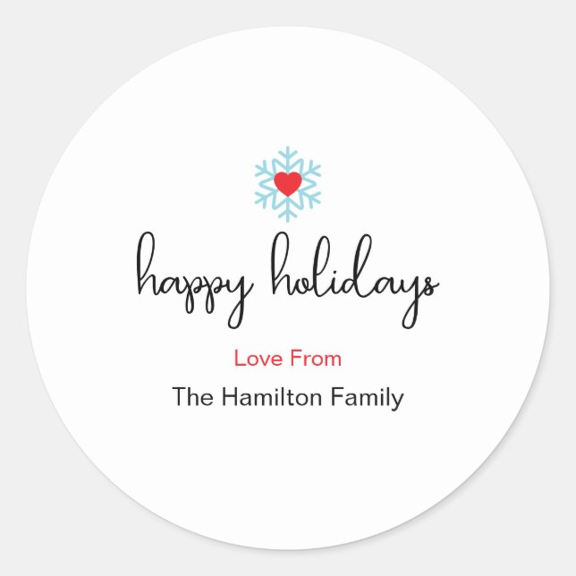 Happy Holidays Xmas Simple Red Heart Snowflake  Classic Round Sticker (Front)