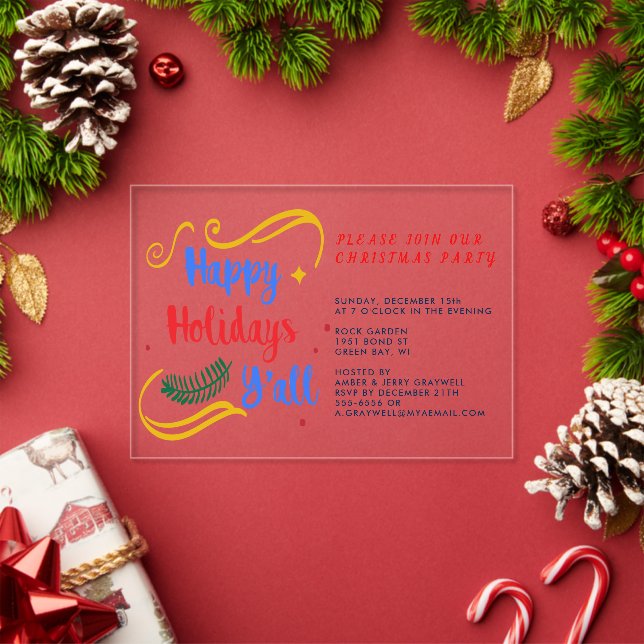 Happy Holidays Y'all, Funny Christmas Design Acrylic Invitations (Insitu (Holiday))