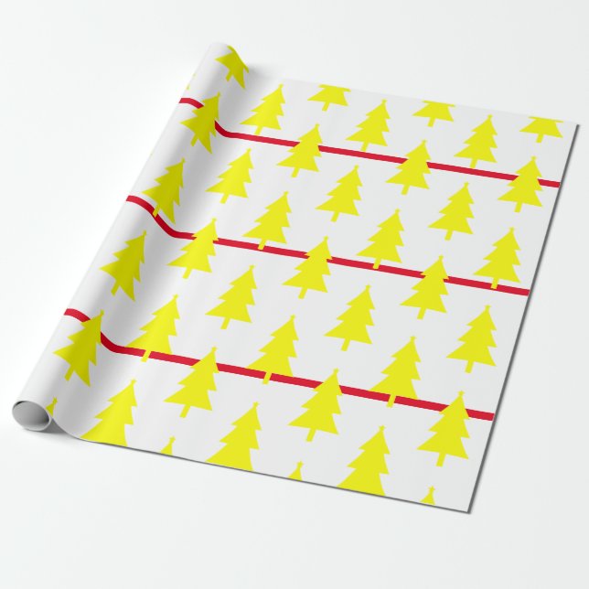 Happy Holidays Yellow On White Fir Tree Pattern Wrapping Paper (Unrolled)