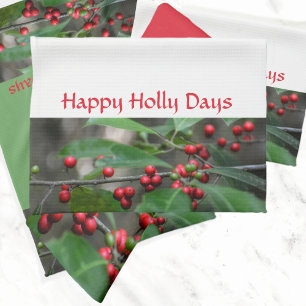 Happy Holly Days Red Berries Photographic Holiday Tea Towel