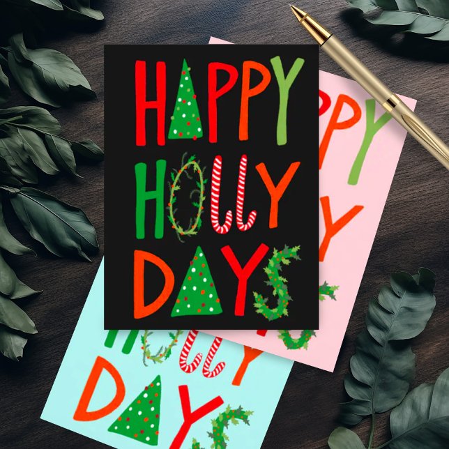 HAPPY HOLLY DAYS Sweet Holiday Xmas Christmas Postcard (Happy Holly Days cute quirky handmade Christmas postcard)
