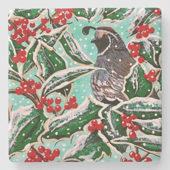 Happy Holly Quail Limestone Tile Stone Coaster (Front)