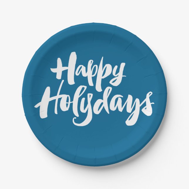 Happy Holy Days Holidays Holydays Blue Lettering Paper Plate (Front)