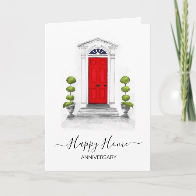 Happy Home Anniversary Card, Red Door Illustration Card (Front)