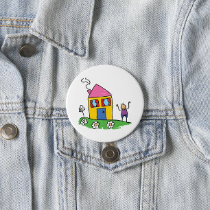 Happy Home Colourful House and Stick Figure 7.5 Cm Round Badge