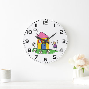 Happy Home Colourful House and Stick Figure  Large Clock