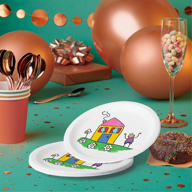 Happy Home Colourful House and Stick Figure  Paper Plate (Creator Uploaded)