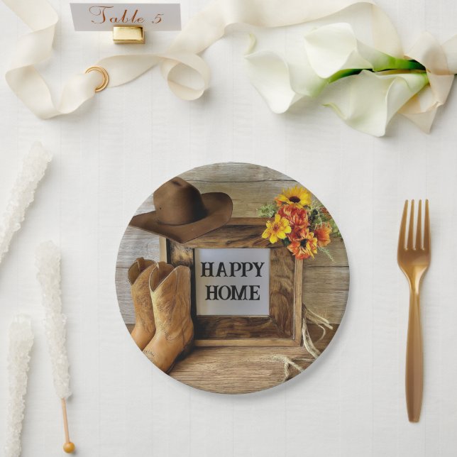 Happy Home Cowgirl Cowboy Style With Cowboy Boots  Paper Plate (Wedding)