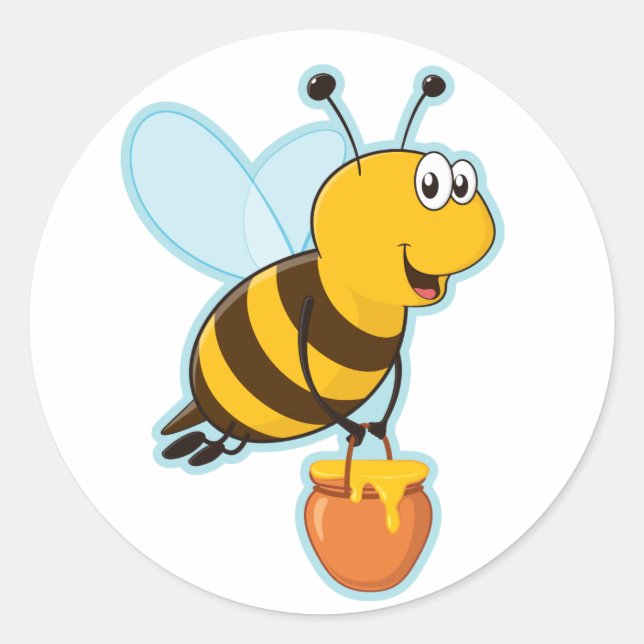 Happy Honey Bee & Honey Pot Classic Round Sticker (Front)