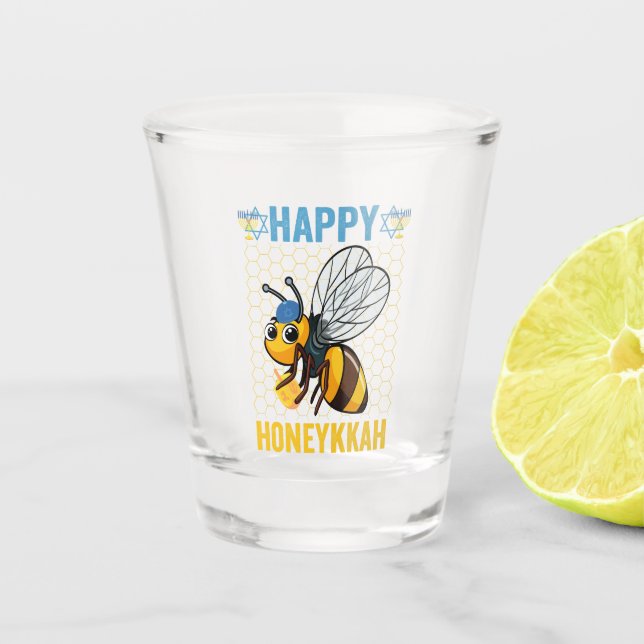 Happy Honeykkah Funny Hanukkah Honey Bee Gift  Shot Glass (Front)
