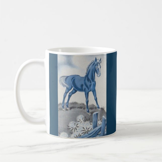happy horse in blue coffee mug (Left)