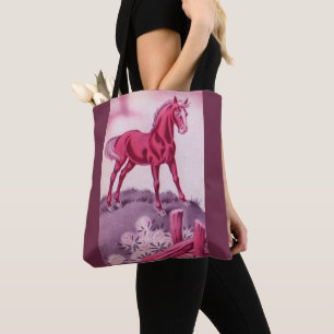 happy horse in pink tote bag