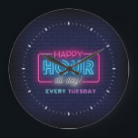 Happy Hour All Day Neon Sign Custom Text Large Clock<br><div class="desc">Happy hour all day,  neon-style white,  pink,  and blue text on a brick wall. Custom text in neon purple and blue. Glowing blue brick wall background.</div>