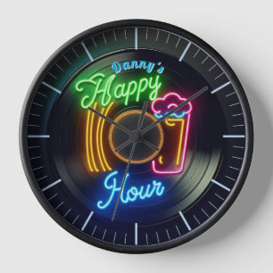 Happy Hour Bar Clock Neon Beer Custom Name Mancave