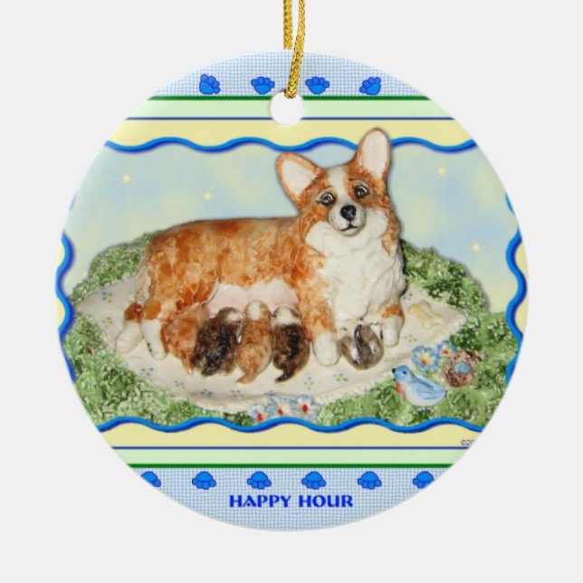 "Happy Hour" Corgi Ornament (Front)