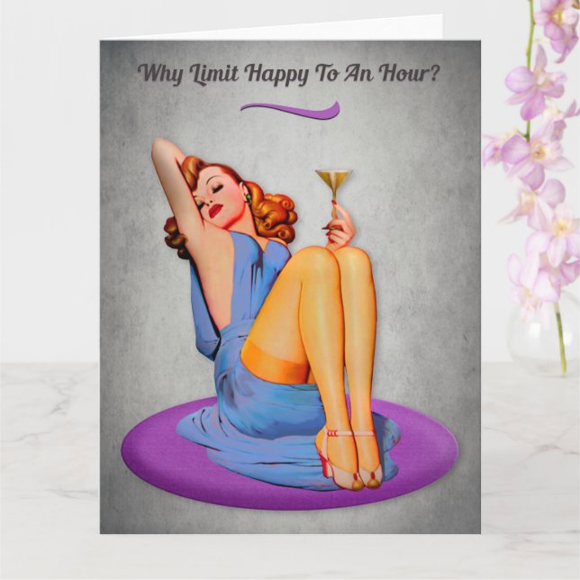 Happy Hour Funny Retro Greeting Card (Orchid)