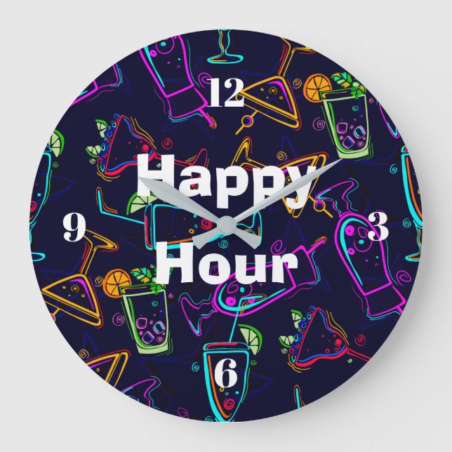 Happy Hour Neon Cocktails Large Clock (Front)