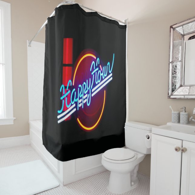 Happy Hour Neon Sign Shower Curtain (In Situ)