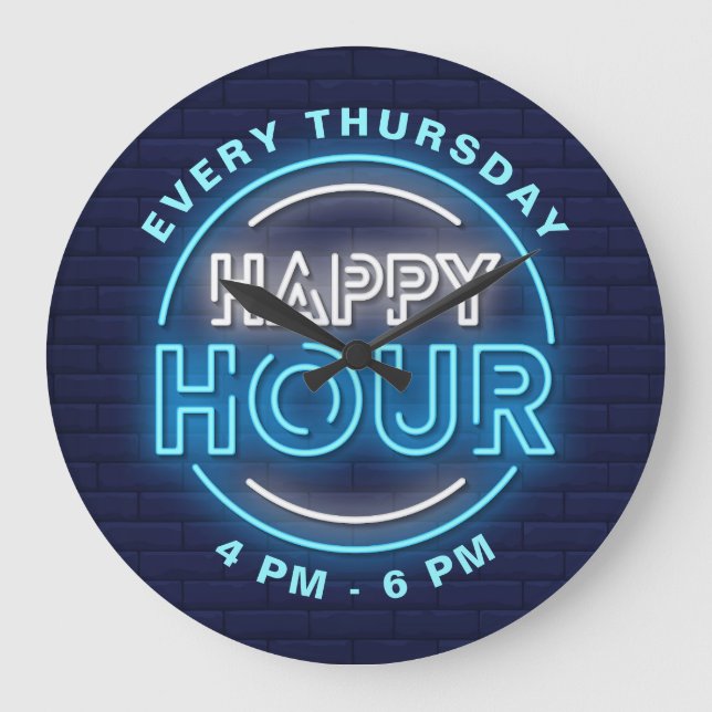 Happy Hour Neon Signs Style Text Large Clock (Front)