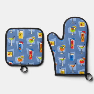 Happy Hour Retro Hawaiian Tropical Drinks Blue Oven Mitt & Pot Holder Set