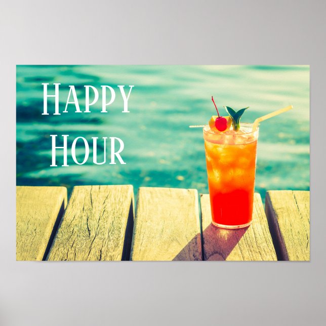 Happy Hour slogan Retro cocktail sunset pool bar Poster (Front)
