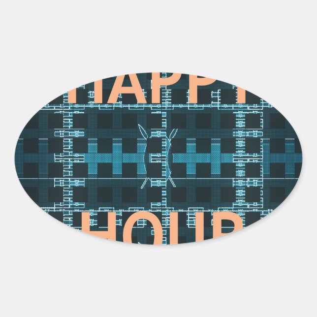 Happy Hour Text Blue Vector Art Print Oval Sticker (Front)