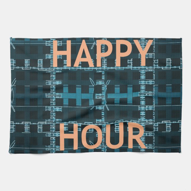 Happy Hour Text Blue Vector Art Print Tea Towel (Horizontal)