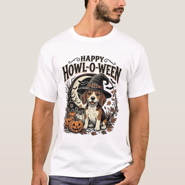 Happy Howl-O-Ween Beagle Witch Hat Halloween Shirt (Front)