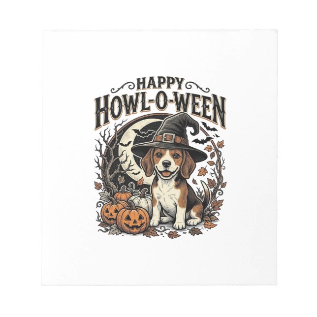 Happy Howl-O-Ween Beagle Witch Hat Halloween Shirt Notepad (Front)
