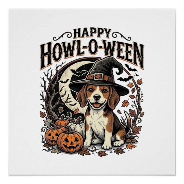 Happy Howl-O-Ween Beagle Witch Hat Halloween Shirt Poster (Front)