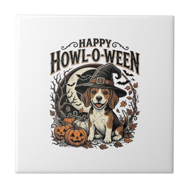 Happy Howl-O-Ween Beagle Witch Hat Halloween Shirt Tile (Front)